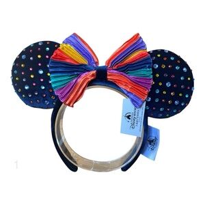 😎 Disney Minnie Mouse Ears Blue Velvet With Rhinestones and Rainbow Bow NWT 1